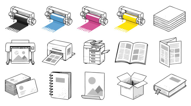 Clean flat vector illustration on a light background showing printing press rollers, printers, books, brochures, paper stacks and stationery for print shop branding.