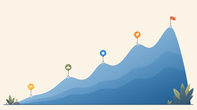 Clean flat vector illustration on a light background showing a blue mountain progress path with milestone pins and summit flag for business goals, planning, or achievement concepts.