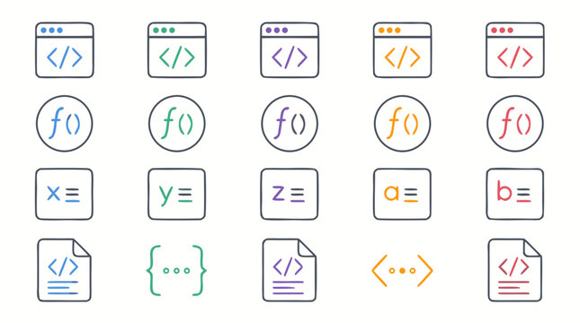This clean flat vector illustration shows colorful programming and code icons on a light background for software development, web coding, app interface, and education materials.