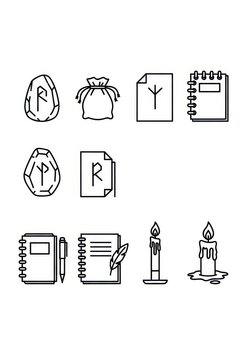 Occult and Divination Magic Icon Set with Runes, Candles, Notebooks, and Pouch in Minimalist Line Art Style