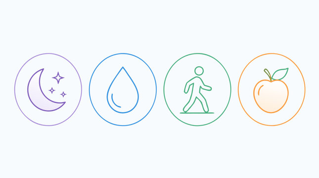 Clean flat vector illustration of wellness habit icons for sleep, hydration, walking and healthy eating on a light background, ideal for lifestyle app or health program design.