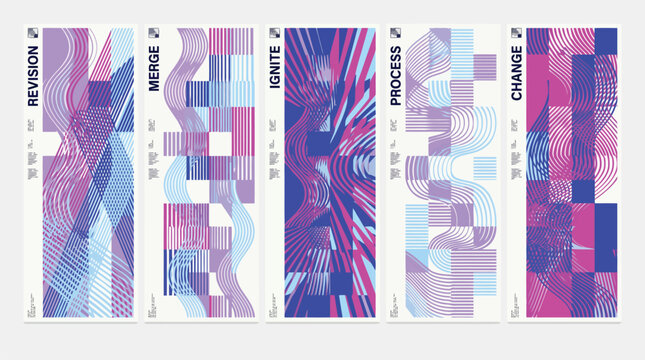 Abstract geometric poster set with purple and blue gradients, set of 5 vertical banners featuring Revision, Merge, Ignite, Process, and Change text