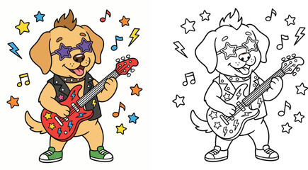 Cute Rockstar Dog Playing Electric Guitar Illustration with Coloring Page Version, Cartoon Puppy Musician Vector Art for Kids Coloring Book