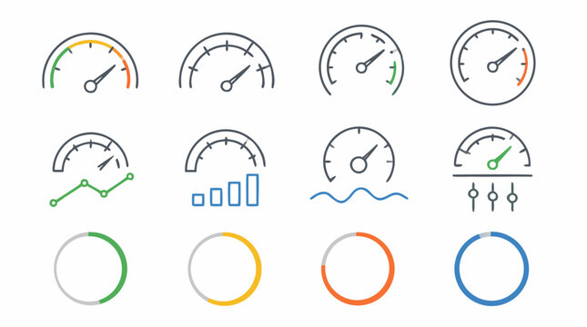 Clean flat vector illustration of dashboard gauges, speedometers, charts and circular progress indicators on a light background for analytics UI design.