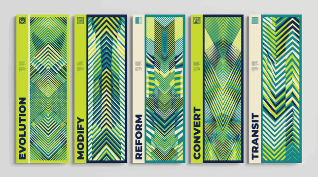 Geometric abstract banner set with green chevron patterns, modern vertical posters for evolution and reform, 5 vector graphic layouts for business