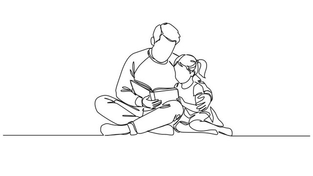 animated continuous line drawing of a father sitting on the floor and reading a book to his young daughter, cozy family storytelling time, line art animation