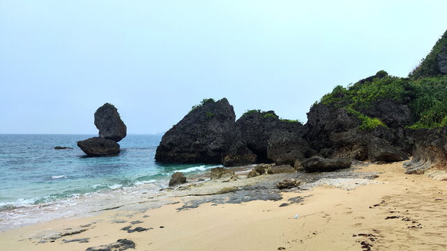 Deserted Beach with Rocks and Trees