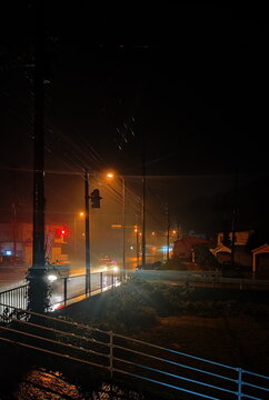 Night Road with Car Lights in Heavy Rain Time