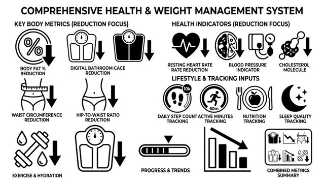A comprehensive health and weight management system with icons representing key body metrics and health indicators. The system focuses on reduction, tracking lifestyle and inputs.