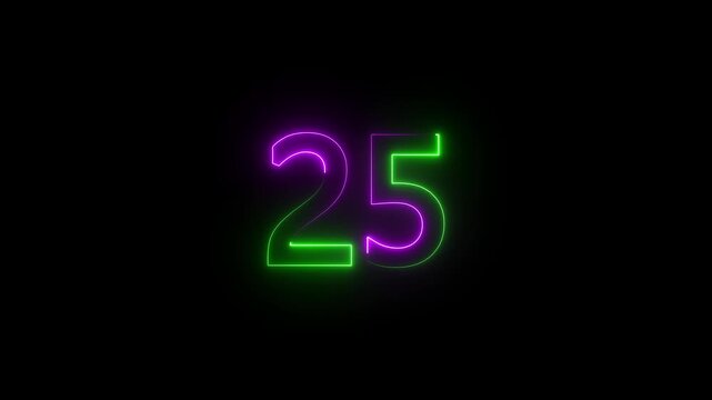 Glowing neon 25 text number animation on black background. Bright neon 25 number symbol. glowing neon number animation concept.