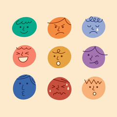 Obraz premium A digital illustration of various emotive faces expressing different emotions in a vibrant and playful style.