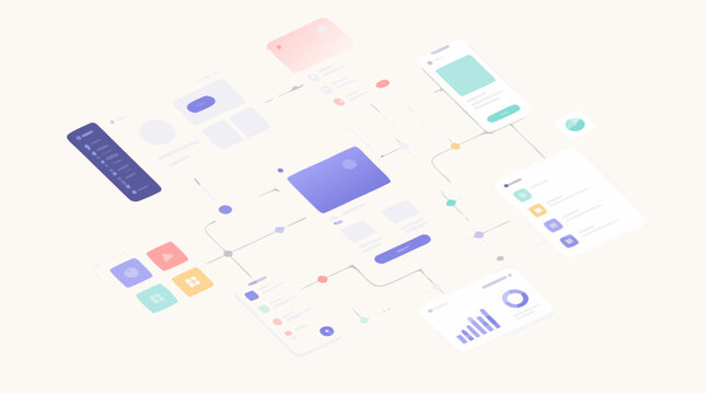 Clean flat vector illustration of connected mobile app and web dashboard interface cards on a light background, ideal for UX design, workflow, and SaaS presentation.