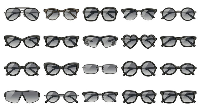 Collection of various styles of black sunglasses arranged in rows, showcasing different frame shapes and lens tints