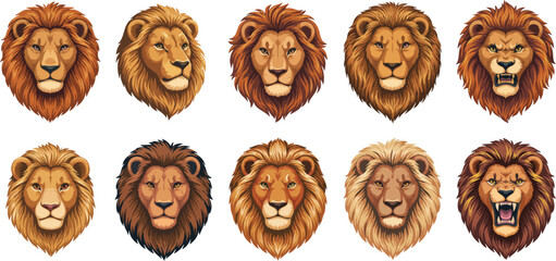 Set of ten realistic lion portraits showcasing various expressions and mane styles on clean transparent isolated background. © Zahangir