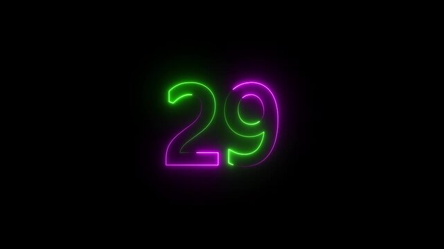 Abstract glowing Neon 29 number educational mathematics text icon animation on black background. a dynamic motion and glowing neon number countdown icon animation.