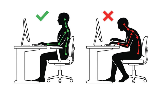 Correct and incorrect posture at a desk with a computer. The left image shows a person sitting upright with good posture, indicated by a green checkmark.