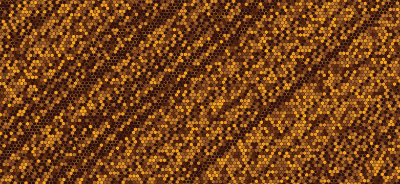 Dark orange digital halftone background. tiny repeating glowing hexagons, diagonal pixel grid. for cyberpunk data technology banners, retro arcade gaming posters. flat vector texture art.