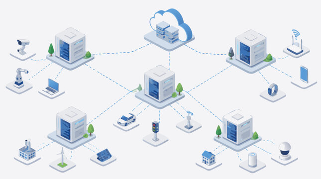Clean flat vector illustration of a smart city cloud network connecting data centers, IoT devices, vehicles and renewable energy for technology presentations on a light background.
