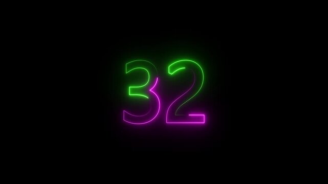 Glowing neon text 32 number countdown icon background 4k animation.