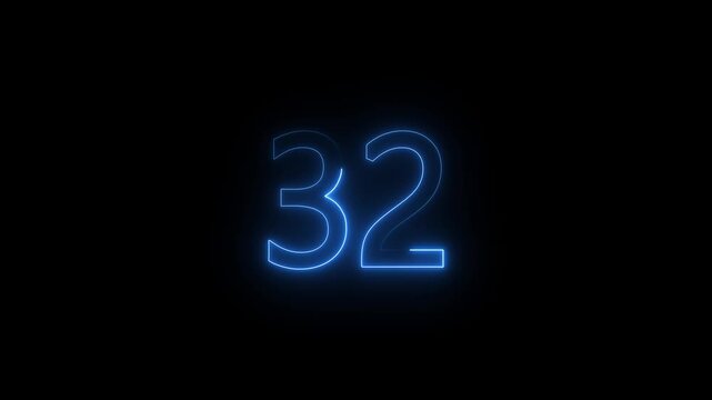 Glowing neon text 32 number countdown icon background 4k animation.