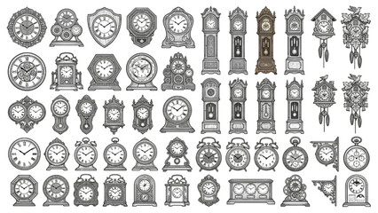 Obraz premium A collection of various clocks, including grandfather clocks, mantel clocks, and alarm clocks, displayed in a grid pattern