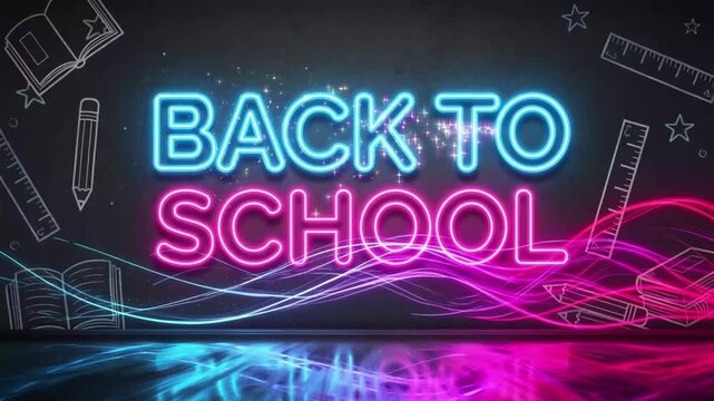 Animated Back to School Neon Sign Glow with Floating Scribble Chalkboard Background Graphics Showing School Supplies Like Books Pencils and Rulers Featuring Bright Pink and Blue Electric Light Motion