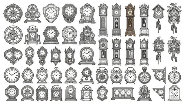 A collection of various clocks, including grandfather clocks, mantel clocks, and alarm clocks, displayed in a grid pattern