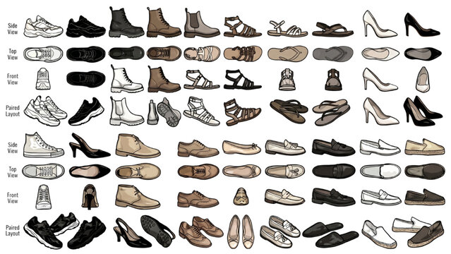 A collection of various shoe styles for men and women, displayed in different views