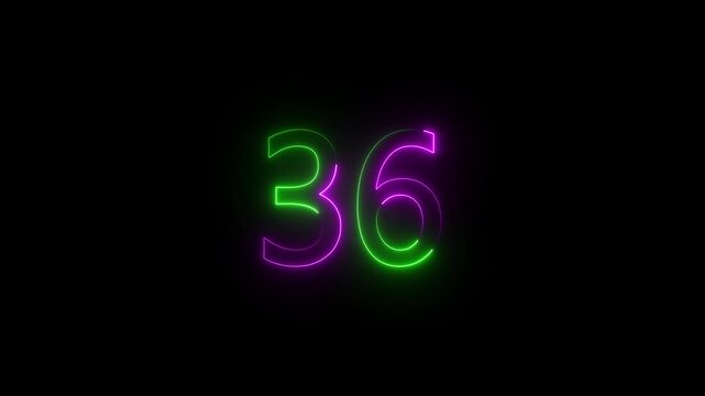 Abstract glowing Neon 36 number educational mathematics text icon animation on black background. a dynamic motion and glowing neon number countdown icon animation.