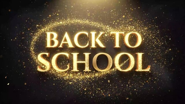 Animated Back To School Title Sequence Featuring Elegant 3D Gold Typography Glowing With Shimmering Particles And Sparkling Dust Motion Graphics Against A Dark Blurred Background For Education Project