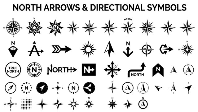 A collection of north arrows and directional symbols, including compass roses, wind roses, arrows, and cardinal direction indicators