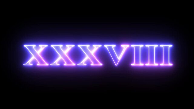Glossy, futuristic Roman numerals 'XXXVIII' with vibrant color gradients and glowing neon outlines against a dark background, ideal for anniversaries, milestones, events, and modern abstract designs