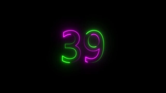neon glowing text 39 number countdown icon on black background 4k animation. Neon number 39 with alpha channel.