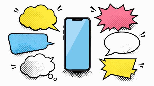 Clean flat vector illustration of a smartphone surrounded by colorful comic speech bubbles on a light background, ideal for mobile chat, messaging, and social media promotions.
