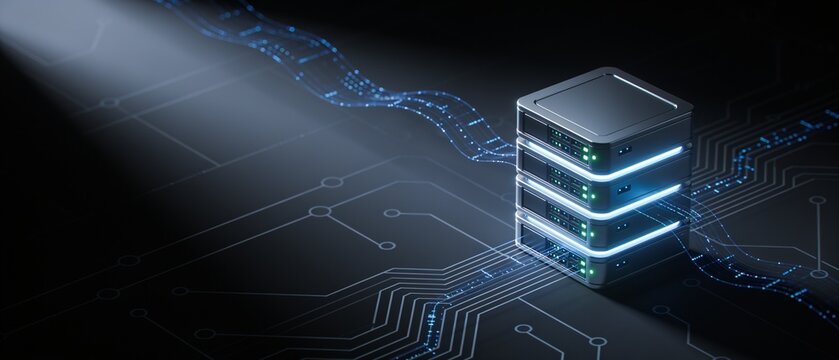 Conceptual Data Center Server Tower Standing on Futuristic Circuit Board with Glowing Digital Network Connections