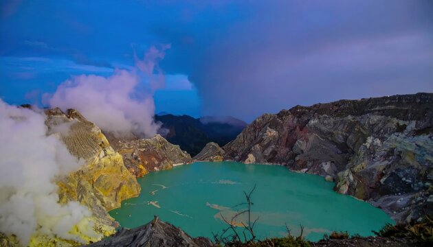 Majestic turquoise acidic lake in Kawah Ijen volcano.