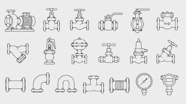 Clean flat vector illustration of industrial valve, pipe, pump, and gauge icons on a light background, ideal for plumbing, process engineering, and maintenance manuals.