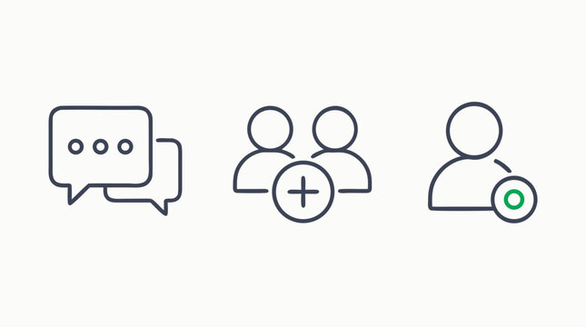 Clean flat vector illustration of messaging, add friends, and user status line icons on a light background, ideal for app onboarding, social media UI, and web communication design.
