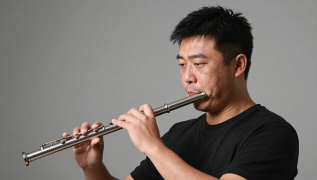 Man plays a renaissance wind instrument called a shawm against a gray backdrop