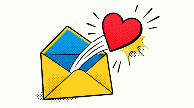 Clean flat vector illustration of a yellow open envelope sending a red heart on a light background, ideal for love letters, Valentine cards, romance messaging, and greeting design.