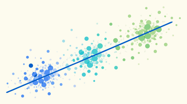 Clean flat vector illustration of a rising blue trend line through colorful scatter plot dots on a light background, ideal for analytics, growth, and business presentation design.