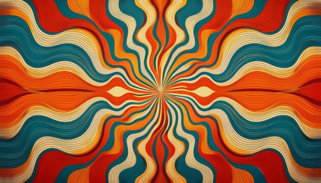 vibrant psychedelic groovy pattern of wavy radial sunburst stripes with vintage texture perfect for retro abstract background