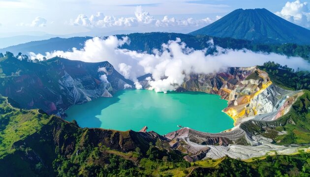 Majestic volcanic crater lake under a clear blue sky.
