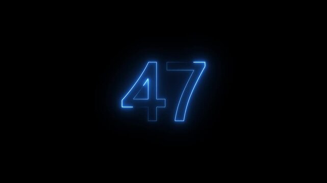 Neon text 47 number countdown icon blue color navy and black background . Neon number 47 with alpha channel, neon numbers, Bright neon glowing number 47, Energy Neon Number 47 Animation. 4k video..
