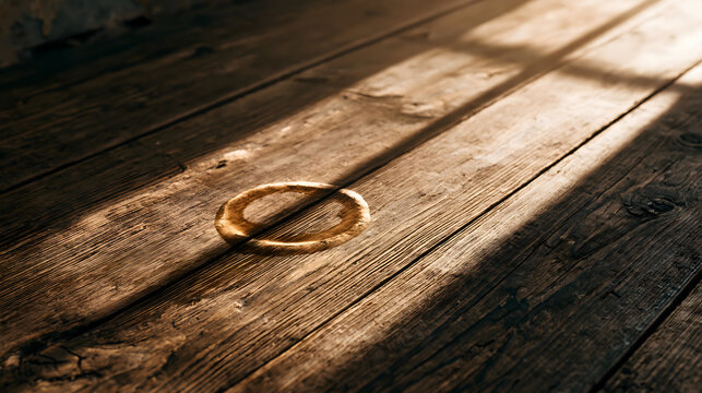 Ring on the Floor: A solitary ring rests on a weathered wooden floor, illuminated by stark, diagonal rays of sunlight casting long shadows. Evokes a sense of quiet contemplation and untold stories.