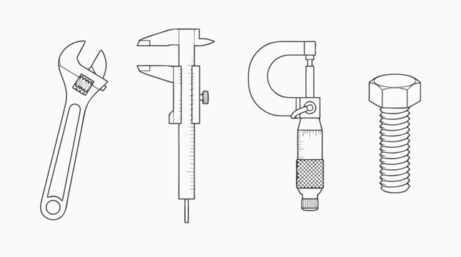 Clean flat vector illustration of measuring tools, adjustable wrench, micrometer and bolt on a light background for engineering, repair, hardware or industrial layouts.