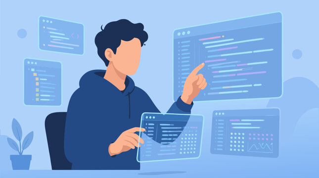 Clean flat vector illustration on a light background showing a software developer using holographic code panels, ideal for programming, web development, and technology service promotions.