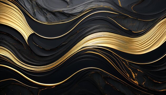 luxury 3d render of abstract black layered waves with elegant gold veins and water droplets premium dark marble texture background for highend creative design