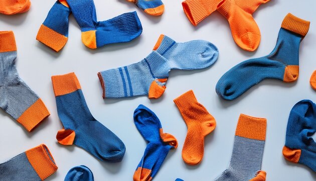 a seamless pattern of blue and orange athletic socks scattered on a light background ideal for textile design or cozy apparel
