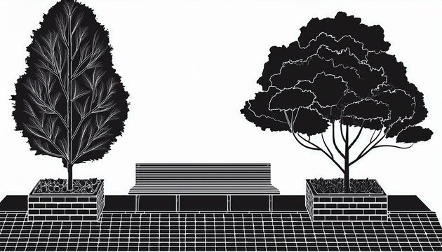 black silhouette urban landscape cad block kit m shrubs deciduous trees benches 3d planters brick paving tile patterns